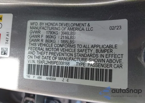 2023 Honda Civic Sport from USA, damaged, VIN 19XFL2H89PE008168